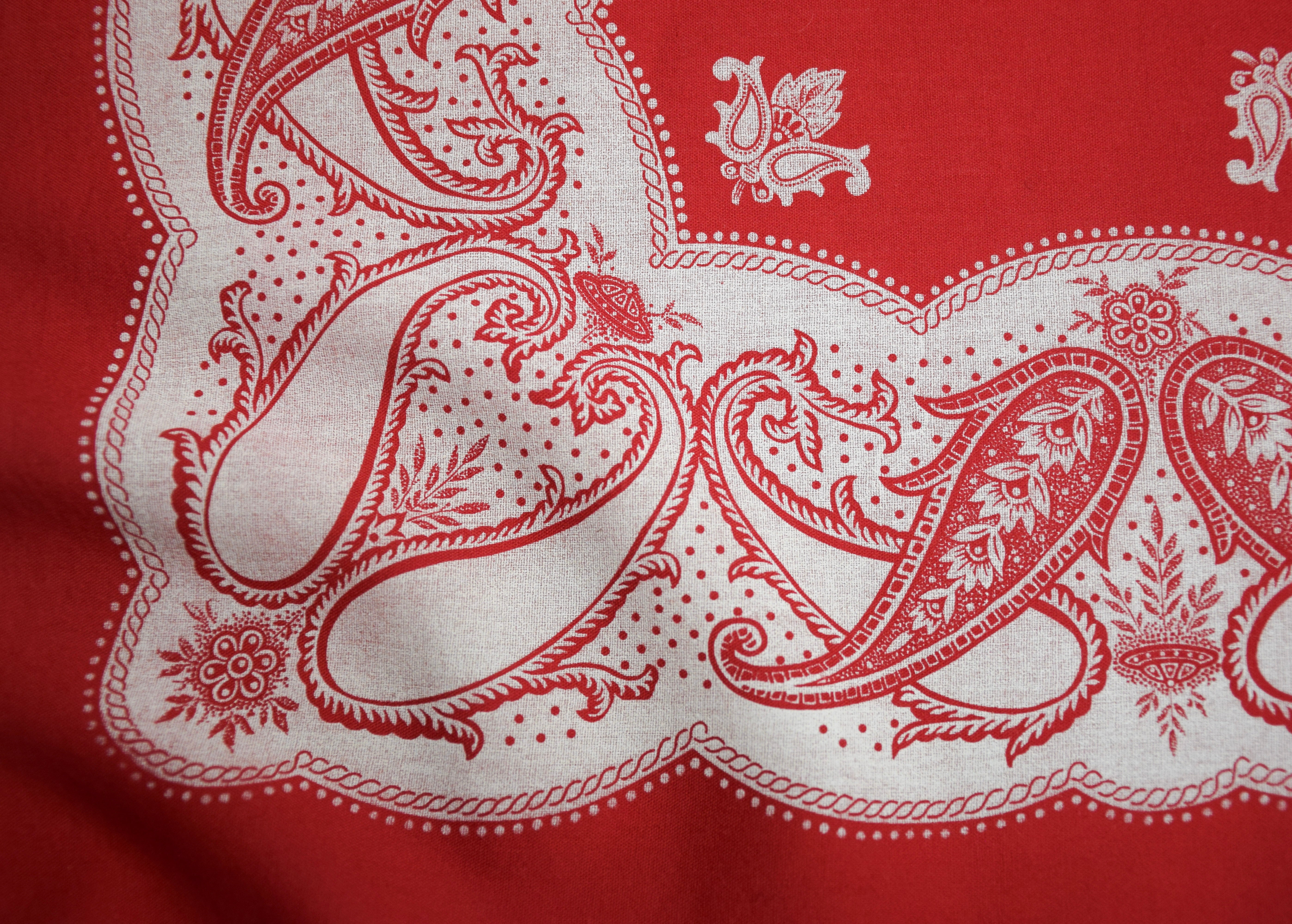 Red and white UFO paisley pattern on a red fabric background
