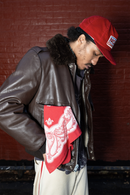 Man wearing a red paisley bandana